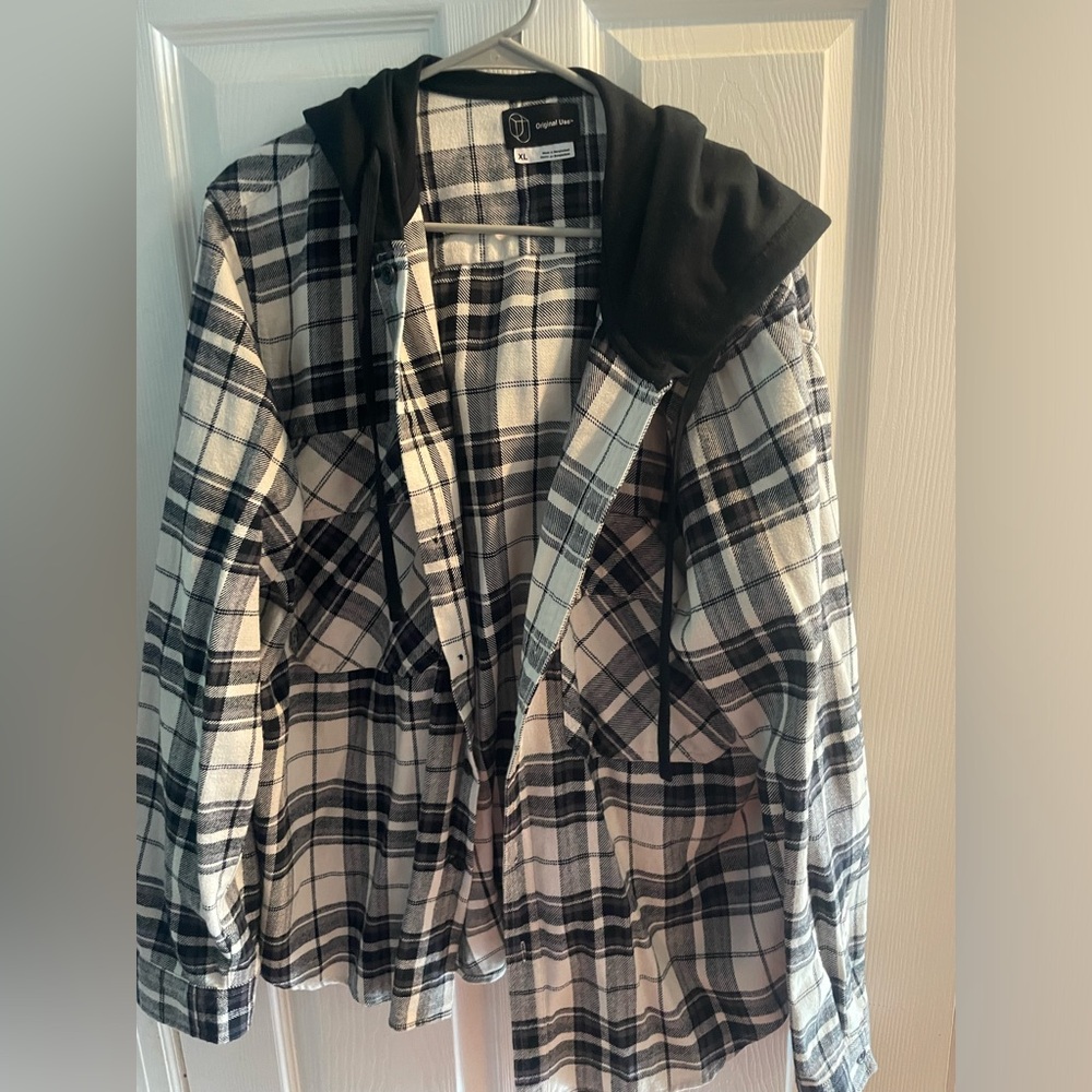 Original Use white & black plaid flannel hooded hoodie front pocket sz XL